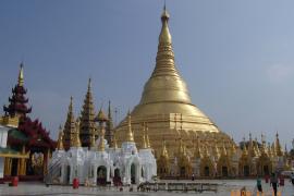 View of Shwedagon form #1 Aungmyea. ( General area of Aungmyea is marked by eight-pointed star pattern flooring tiles.)